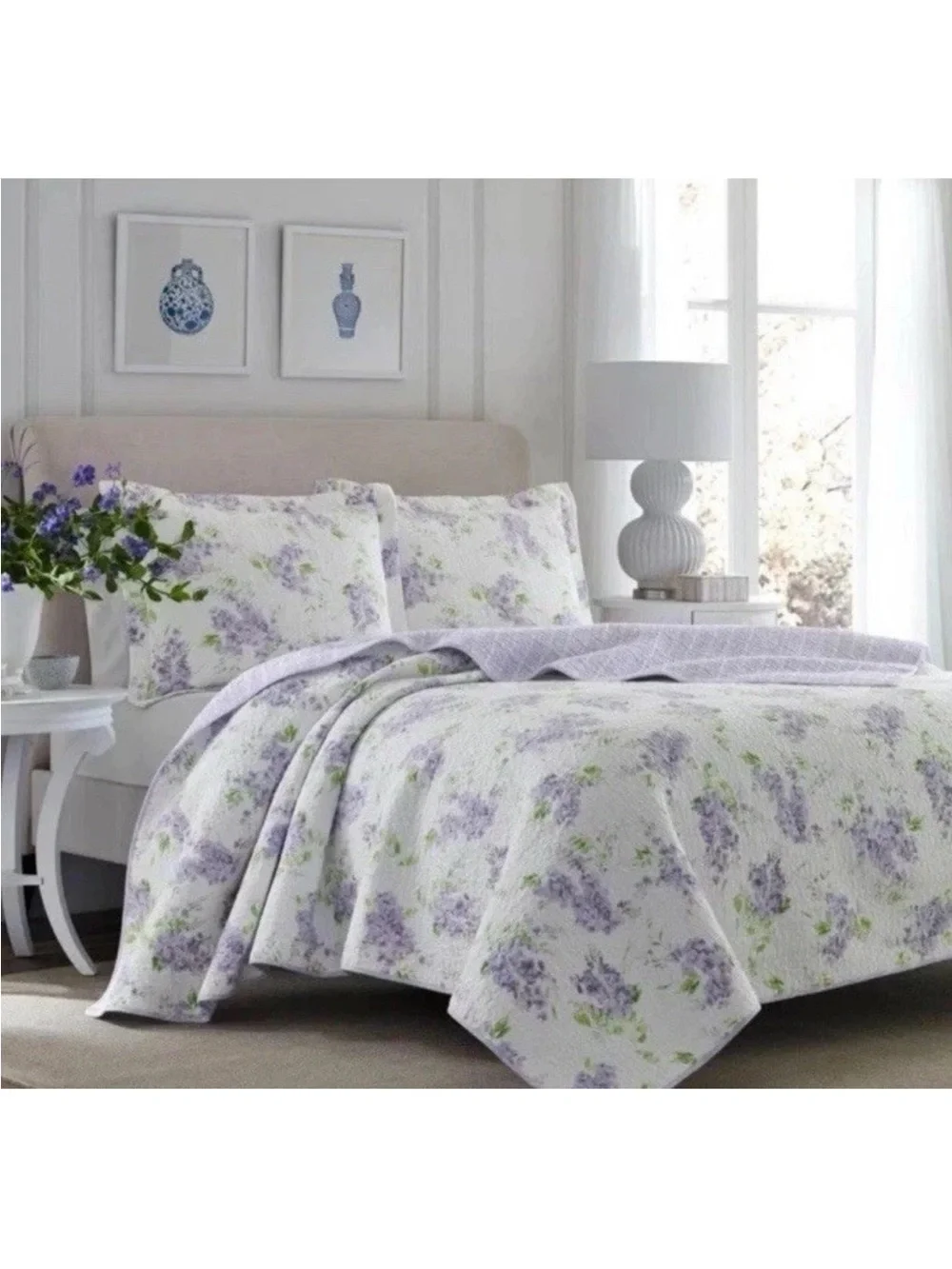 Laura Ashley Keighley Full/Queen Purple Floral Reversible 3 Pc Quilt Set NWT
